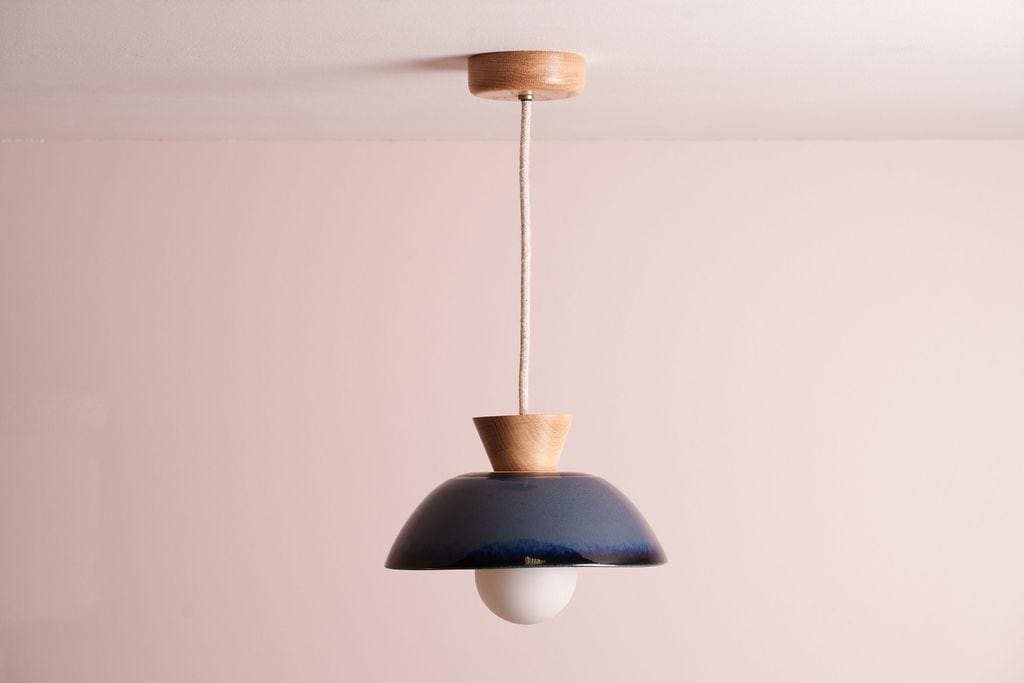 Blue Small Dawn Pendant Light in Ceramic and Oak by StudioHaran
