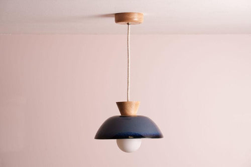 Blue Small Dawn Pendant Light in Ceramic and Oak by StudioHaran