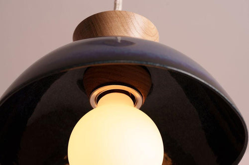 Blue Small Dawn Pendant Light in Ceramic and Oak by StudioHaran