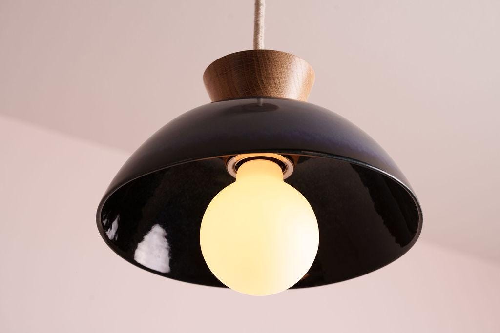 Blue Small Dawn Pendant Light in Ceramic and Oak