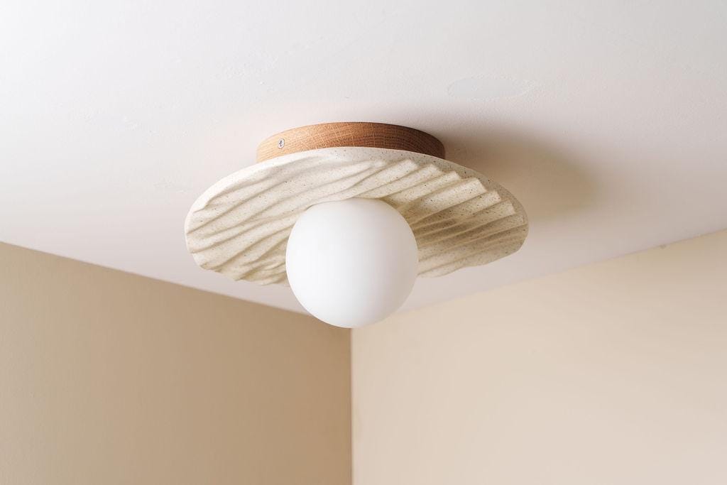 Speckle Cream Matt Towan Ceiling Light in Solid Ceramic and Oak by StudioHaran