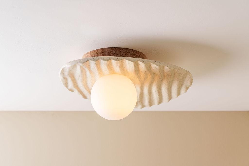 Speckle Cream Matt Towan Ceiling Light in Solid Ceramic and Oak by StudioHaran