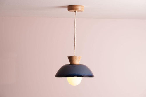 Blue Small Dawn Pendant Light in Ceramic and Oak by StudioHaran