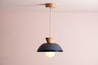 Blue Small Dawn Pendant Light in Ceramic and Oak