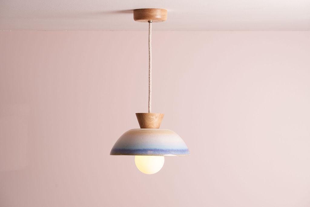 Blue and White Small Dawn Pendant Light in Ceramic and Oak by StudioHaran