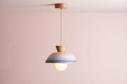 Blue and White Small Dawn Pendant Light in Ceramic and Oak by StudioHaran