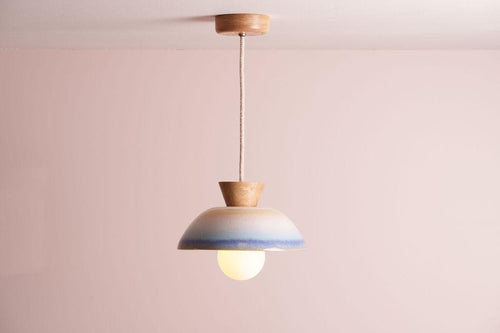 Blue and White Small Dawn Pendant Light in Ceramic and Oak by StudioHaran