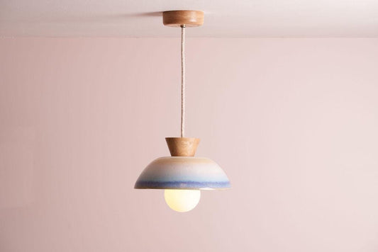 Blue and White Small Dawn Pendant Light in Ceramic and Oak by StudioHaran