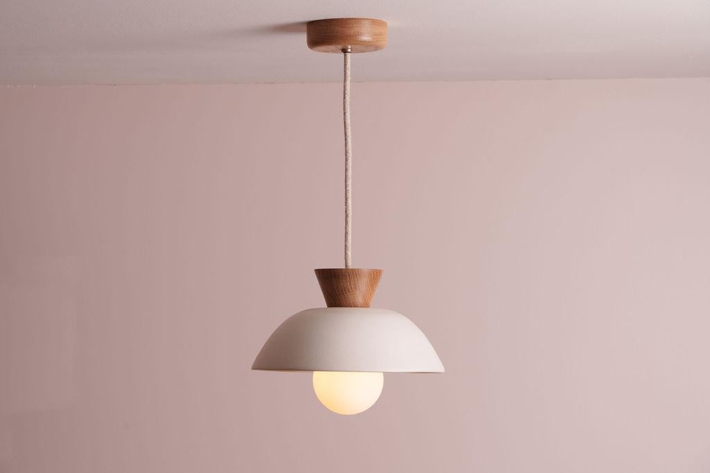 White Small Dawn Pendant Light in Ceramic and Oak by StudioHaran