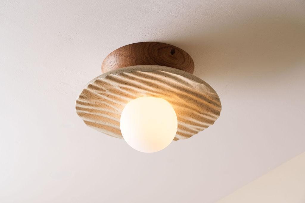 Speckled Cream Matt Porth Flush Mount Ceiling Light in Ceramic and Oak