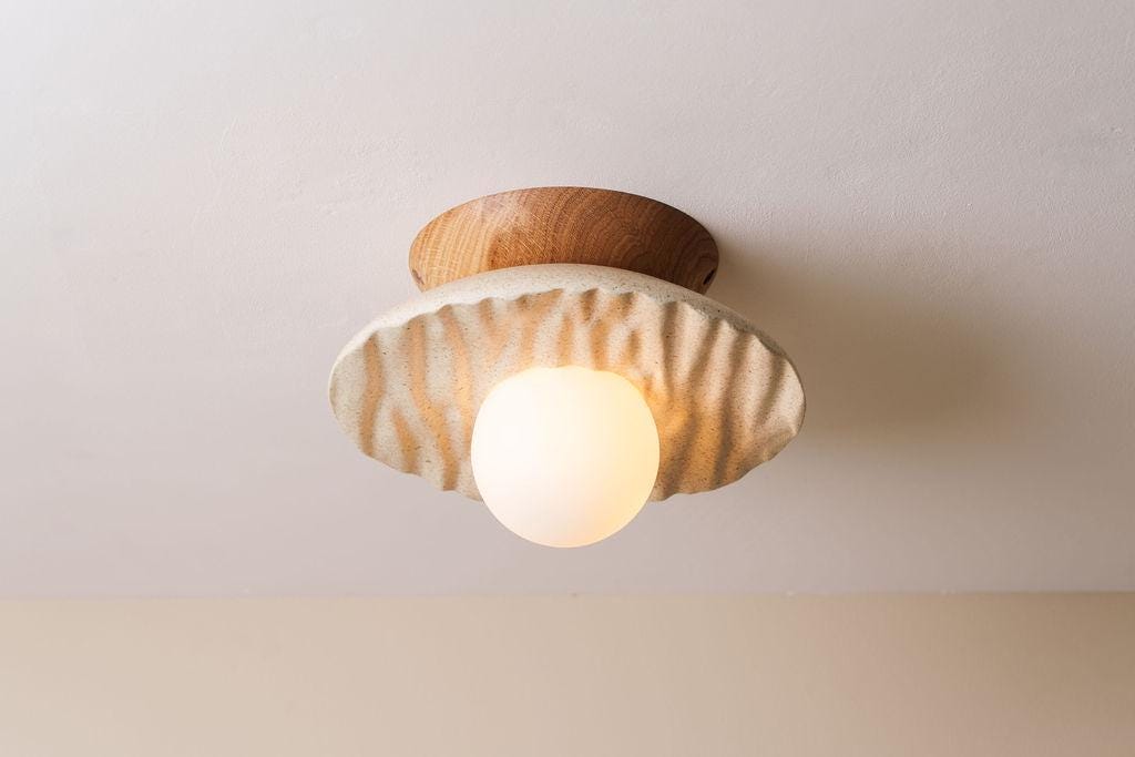 Speckle Cream Matt Porth Flush Mount Ceiling Light in Ceramic and Oak by StudioHaran