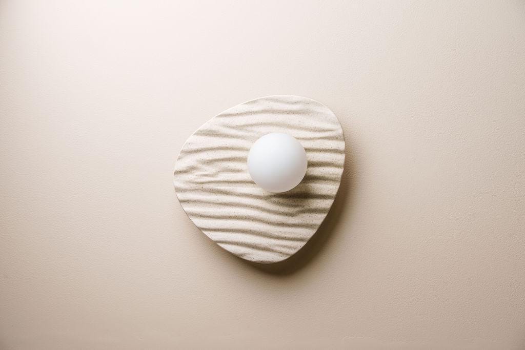 Speckle Cream Matt Towan Ceiling Light in Solid Ceramic and Oak by StudioHaran