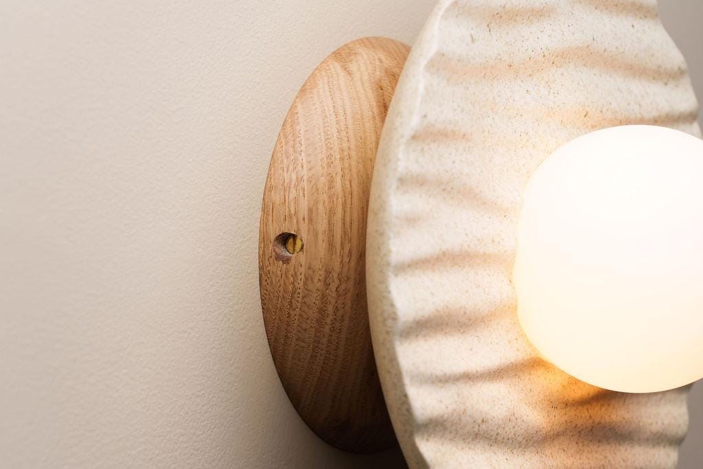 Speckled Cream Matt Porth Flush Mount Wall Light in Ceramic and Oak by StudioHaran