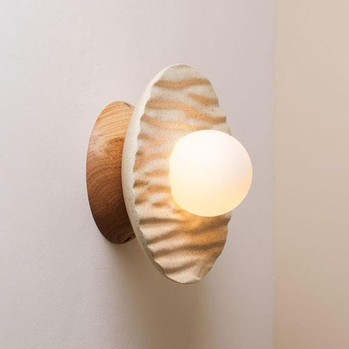 Speckled Cream Matt Porth Flush Mount Wall Light in Ceramic and Oak by StudioHaran