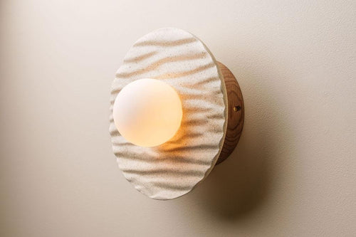 Speckled Cream Matt Porth Flush Mount Wall Light in Ceramic and Oak by StudioHaran