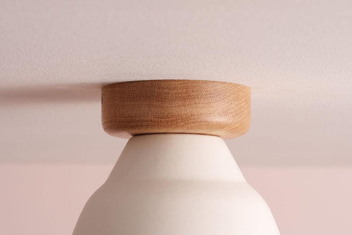 White Small Element Flush Mount Ceiling Light in Ceramic and Oak by StudioHaran