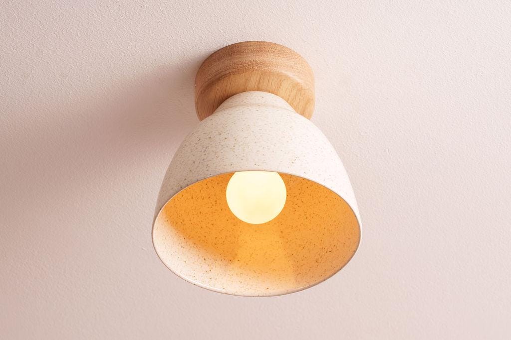 Speckled Cream Gloss Small Element Flush Mount Ceiling Light in Ceramic and Oak by StudioHaran