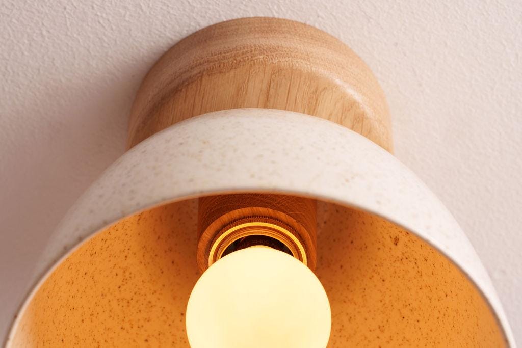 Speckled Cream Gloss Small Element Flush Mount Ceiling Light in Ceramic and Oak by StudioHaran