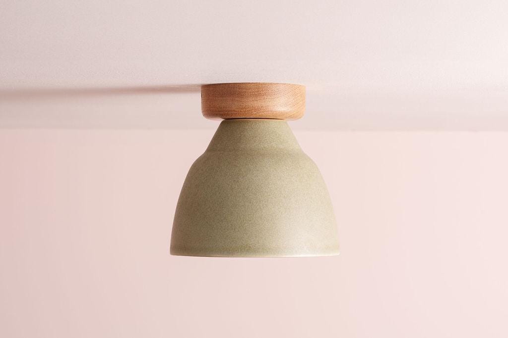Green Small Element Flush Mount Ceiling Light in Ceramic and Oak by StudioHaran