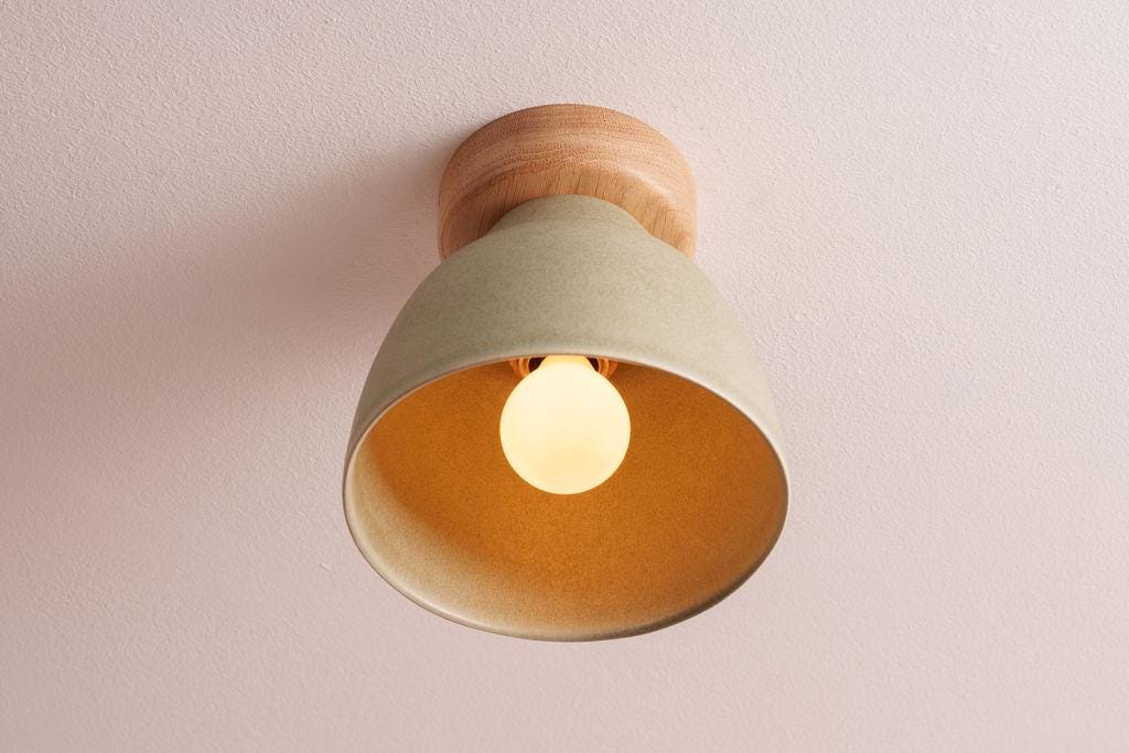 Green Small Element Flush Mount Ceiling Light in Ceramic and Oak by StudioHaran
