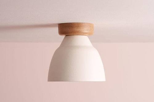 White Small Element Flush Mount Ceiling Light in Ceramic and Oak by StudioHaran