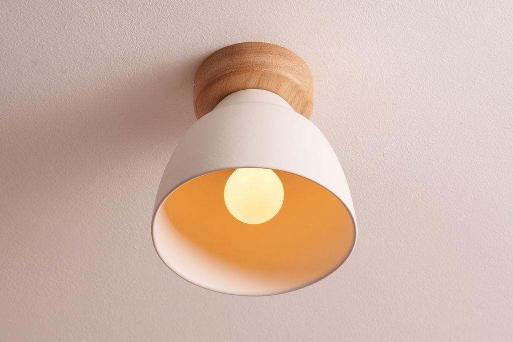 White Small Element Flush Mount Ceiling Light in Ceramic and Oak by StudioHaran
