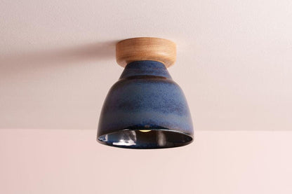 Blue Small Element Flush Mount Ceiling Light in Ceramic and Oak by StudioHaran