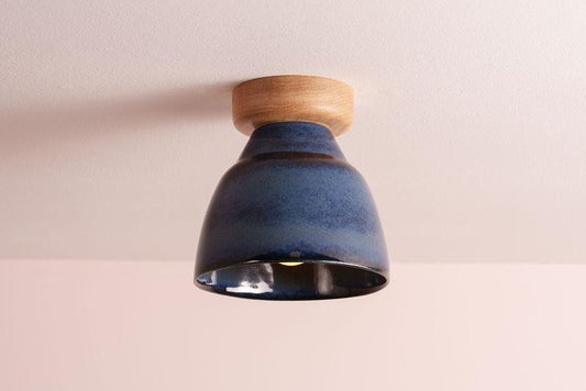 Blue Small Element Flush Mount Ceiling Light in Ceramic and Oak by StudioHaran