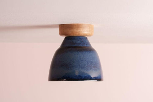Blue Small Element Flush Mount Ceiling Light in Ceramic and Oak by StudioHaran