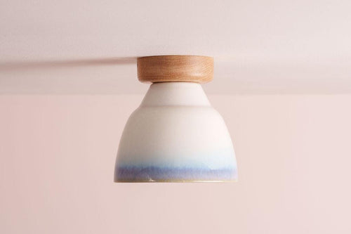 Blue and White Small Element Flush Mount Ceiling Light in Ceramic and Oak by StudioHaran
