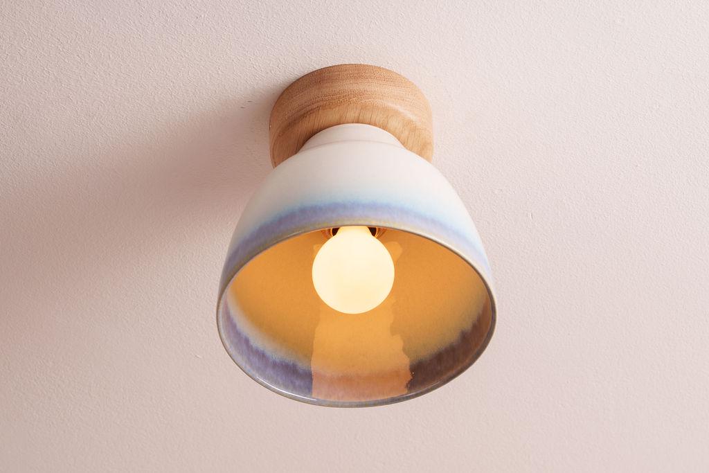 Blue and White Small Element Flush Mount Ceiling Light in Ceramic and Oak by StudioHaran