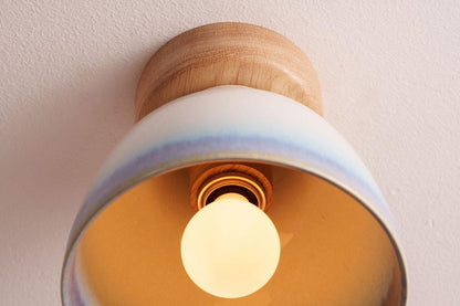 Blue and White Small Element Flush Mount Ceiling Light in Ceramic and Oak by StudioHaran