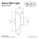 Technical drawing of a Dawn Wall Light with dimensions and bulb information.