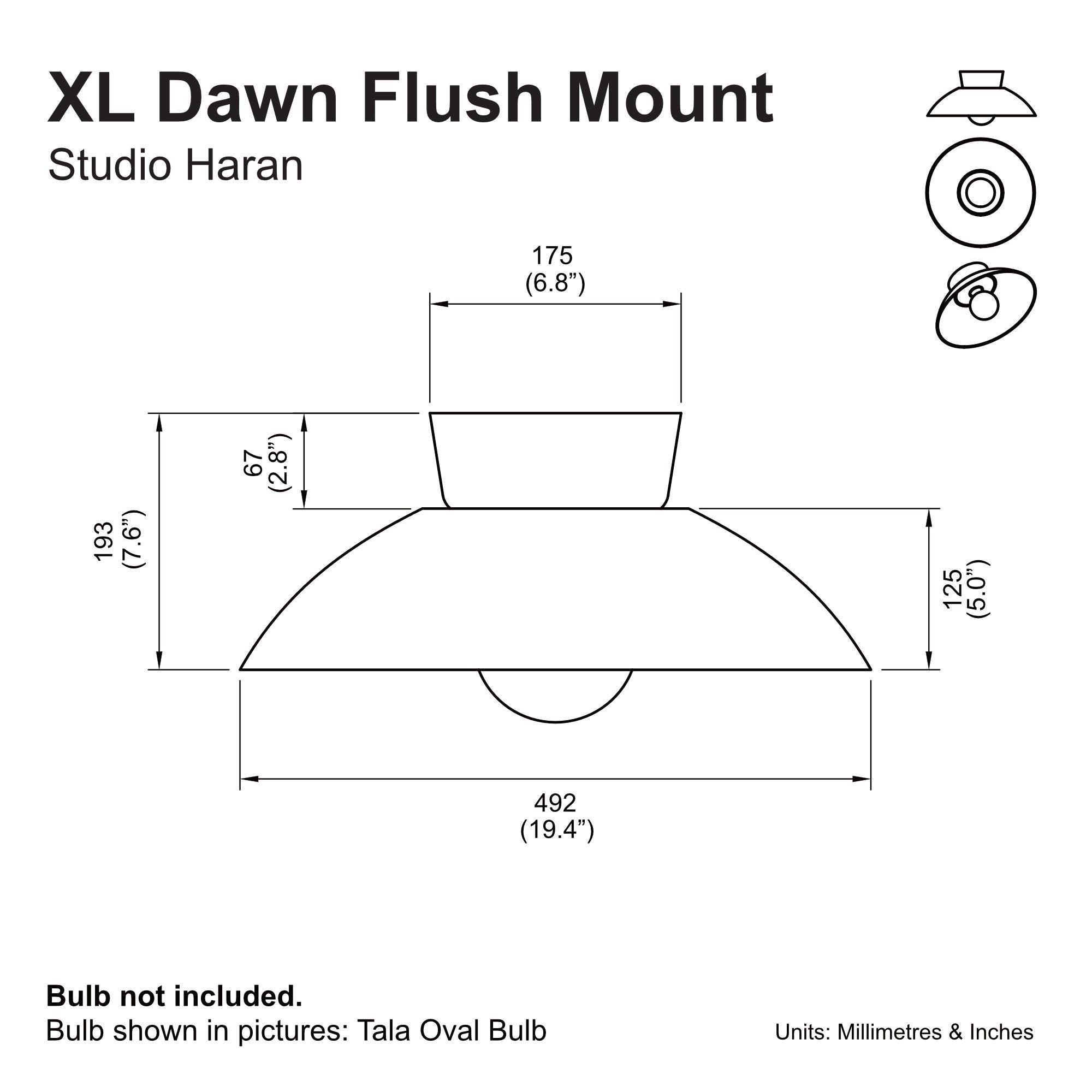 Technical drawing of XL Dawn Flush Mount with dimensions labeled