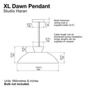 Technical drawing of XL Dawn Pendant with dimensions labeled