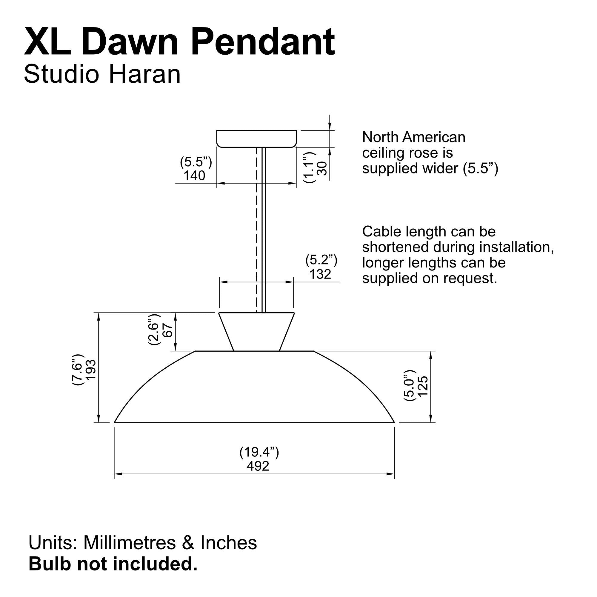 Technical drawing of XL Dawn Pendant with dimensions labeled