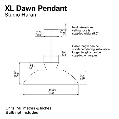 Technical drawing of XL Dawn Pendant with dimensions labeled