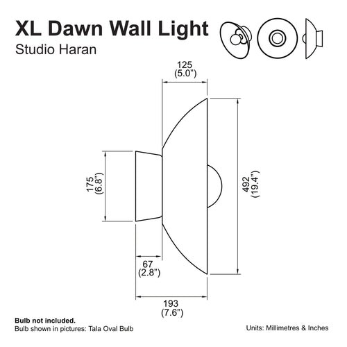 Technical drawing of XL Dawn Wall Light with dimensions in millimeters and inches.