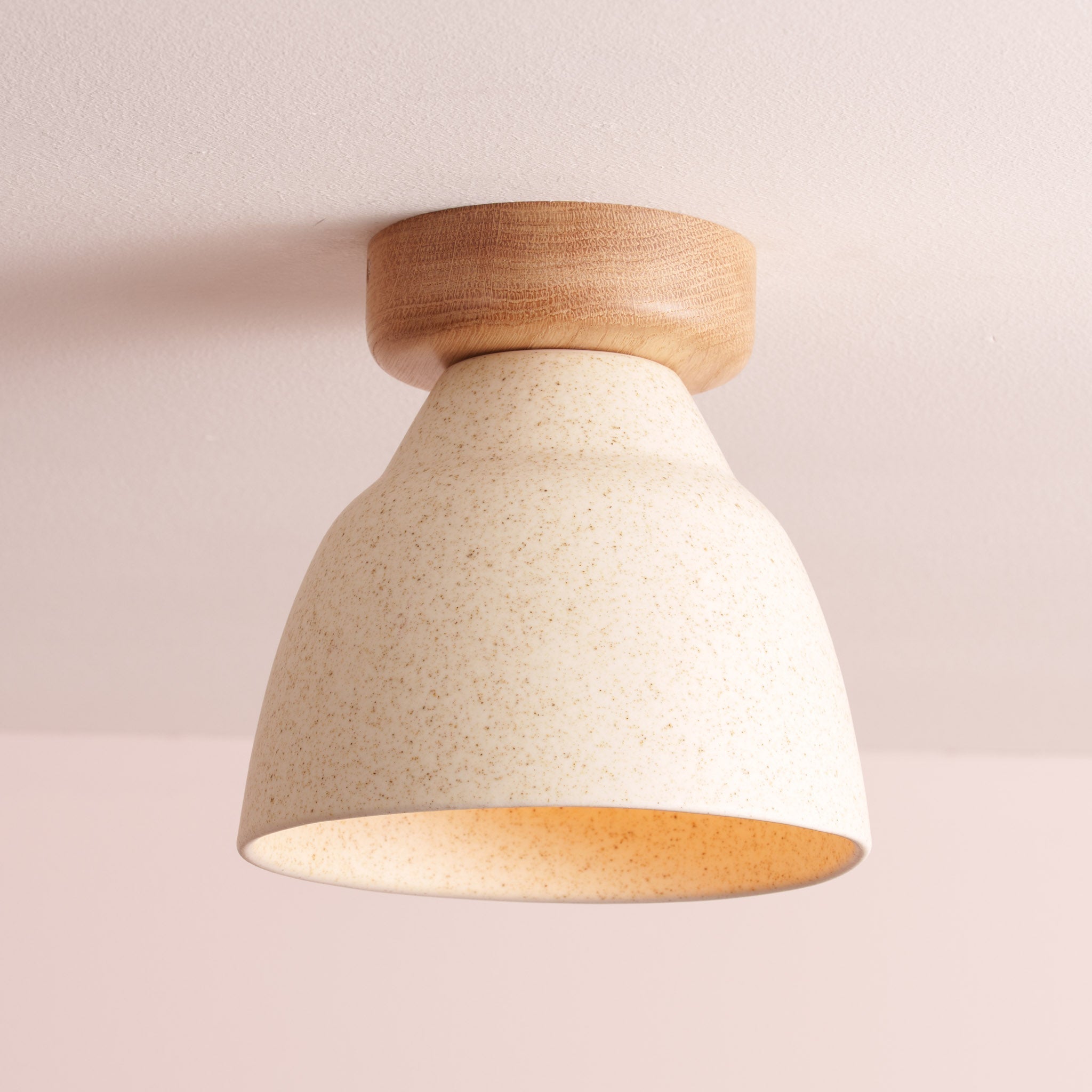 Speckled Cream Matt Small Element Flush Mount Ceiling Light in Ceramic and Oak