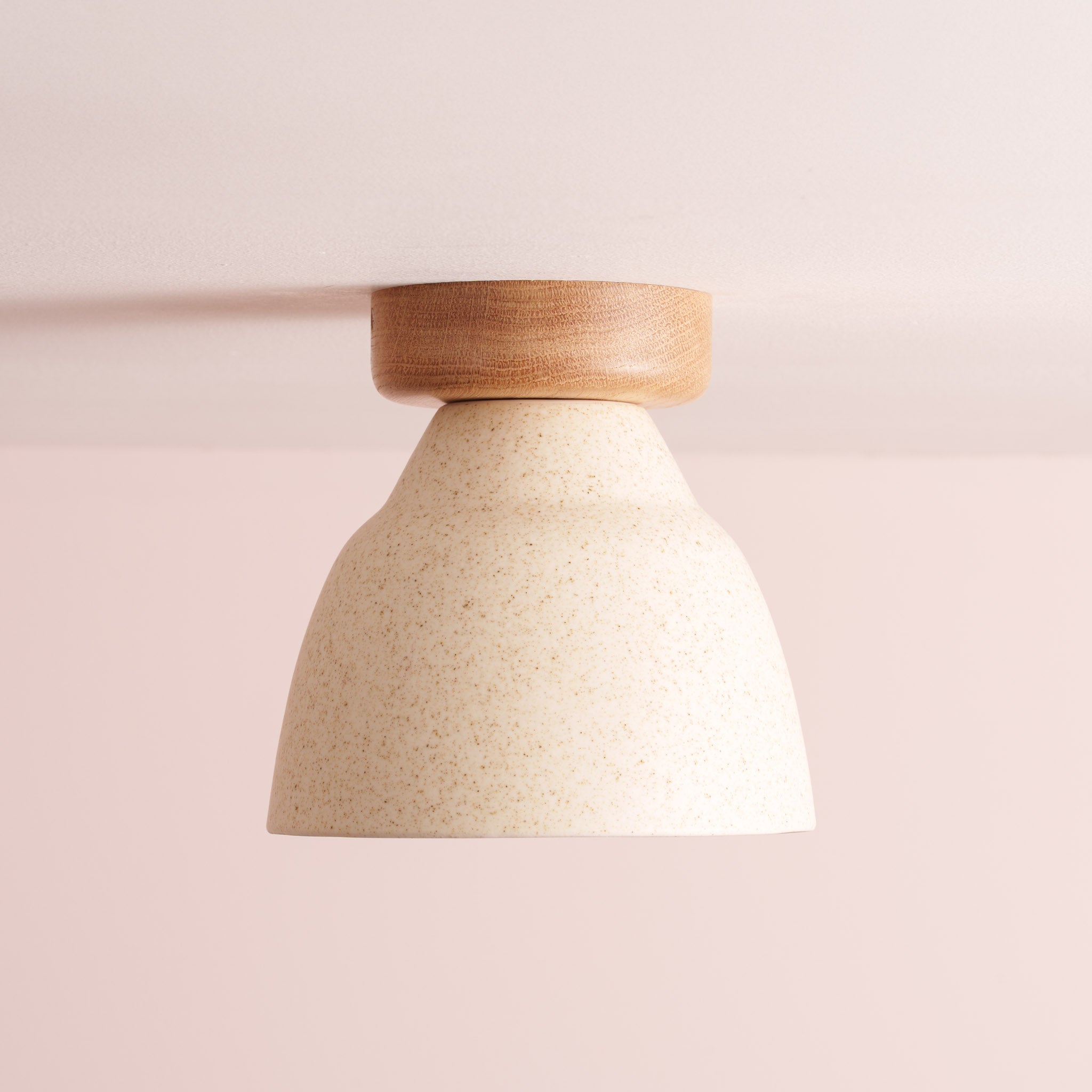 Speckled Cream Matt Small Element Flush Mount Ceiling Light in Ceramic and Oak