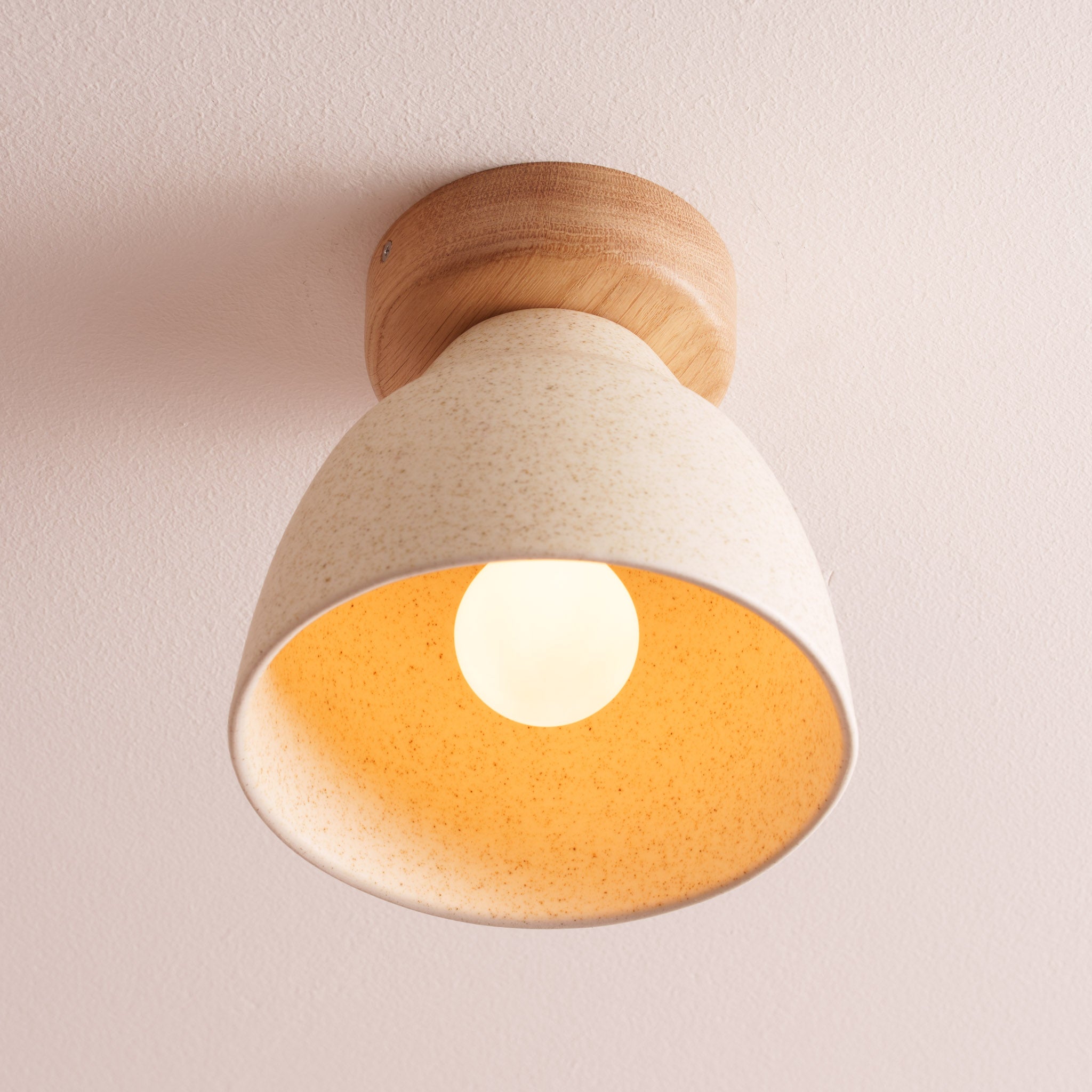 Speckled Cream Matt Small Element Flush Mount Ceiling Light in Ceramic and Oak