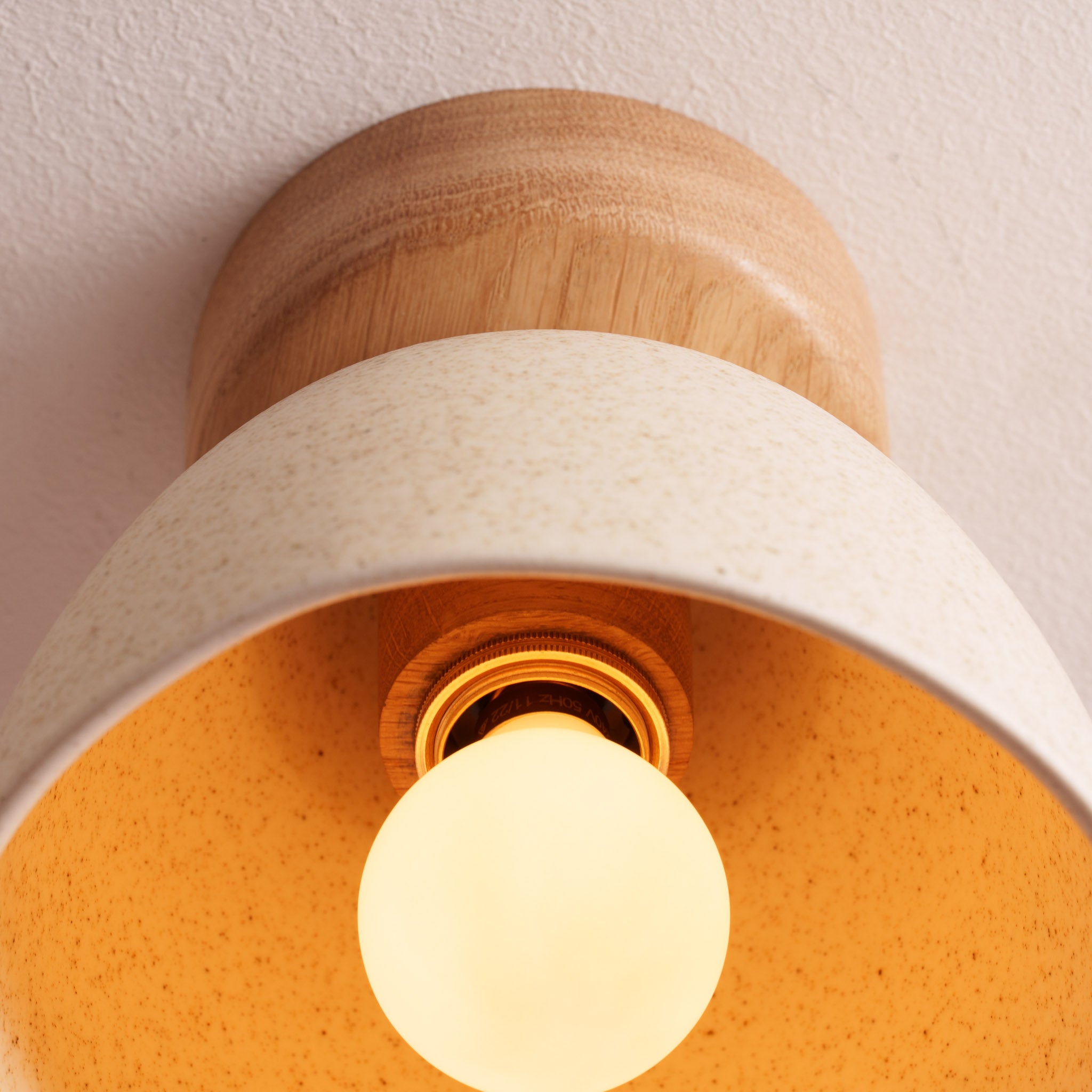 Speckled Cream Matt Small Element Flush Mount Ceiling Light in Ceramic and Oak