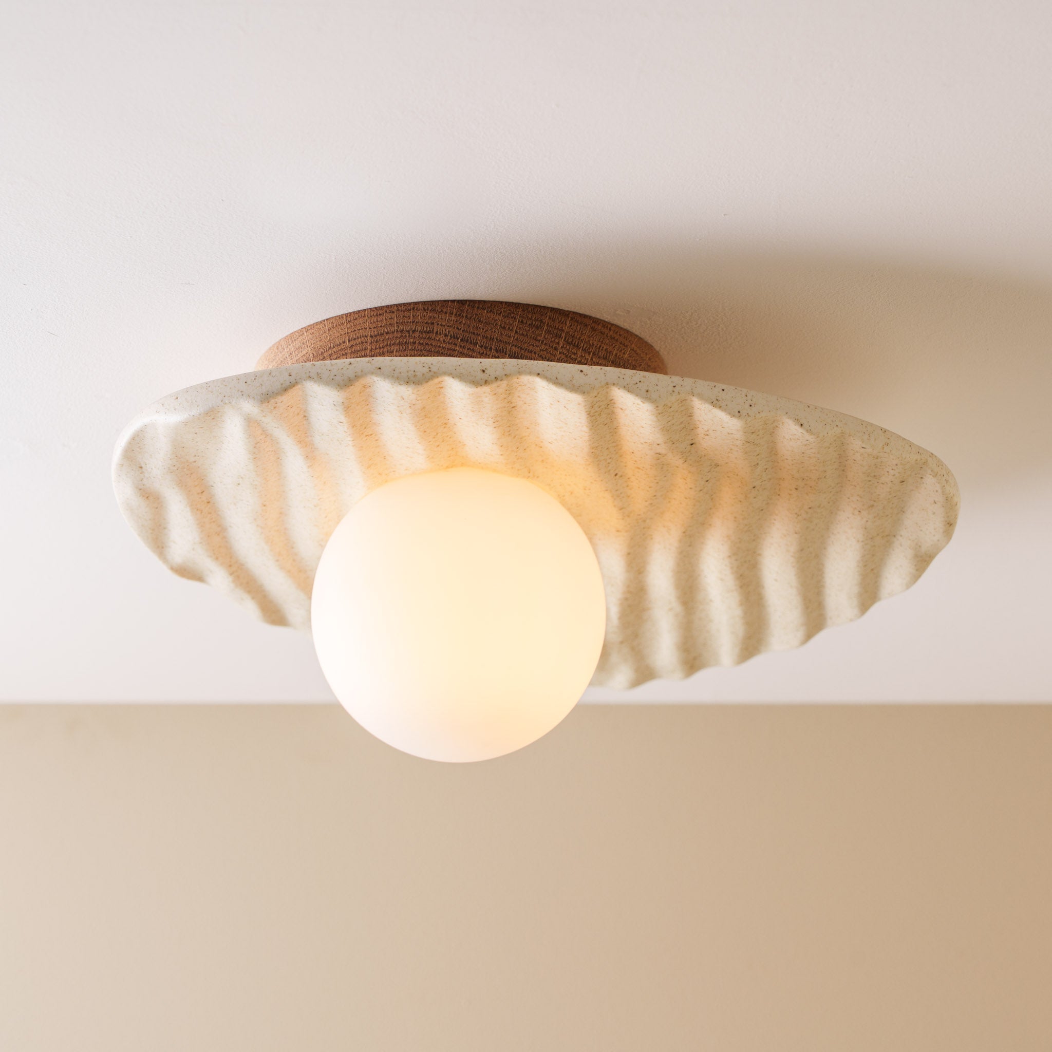 Speckled Cream Matt Towan Ceiling Light in Solid Ceramic and Oak