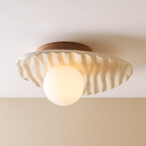 Speckled Cream Matt Towan Ceiling Light in Solid Ceramic and Oak