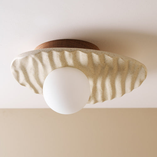 Speckled Cream Matt Towan Ceiling Light in Solid Ceramic and Oak