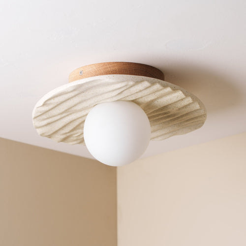 Speckled Cream Matt Towan Ceiling Light in Solid Ceramic and Oak