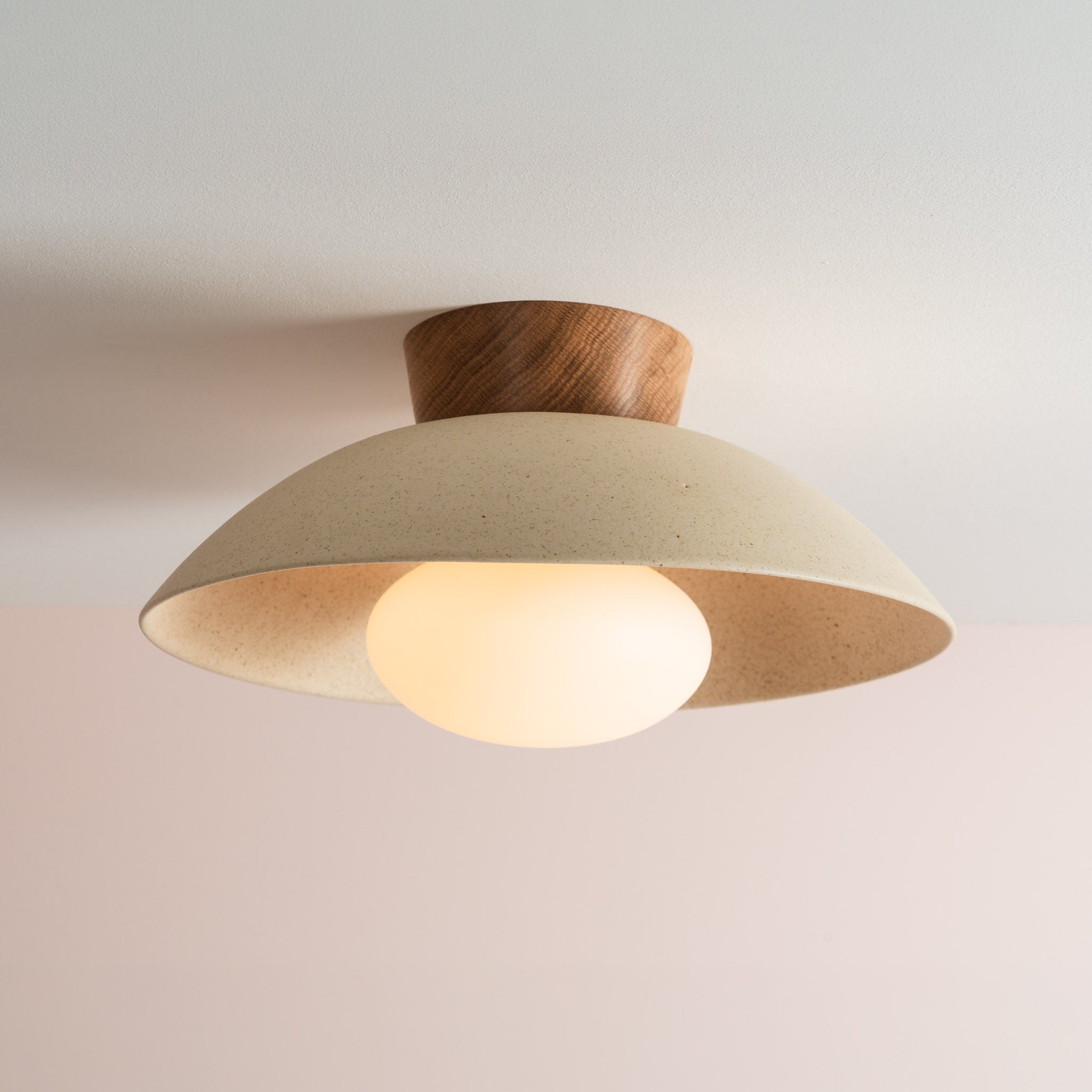Speckled Cream Matt Dawn Flush Mount Ceiling Light in Ceramic and Oak
