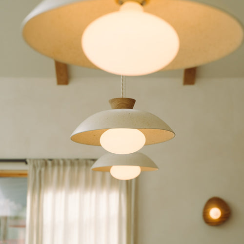 Speckled Cream Matt Dawn Pendant Light in Ceramic and Oak