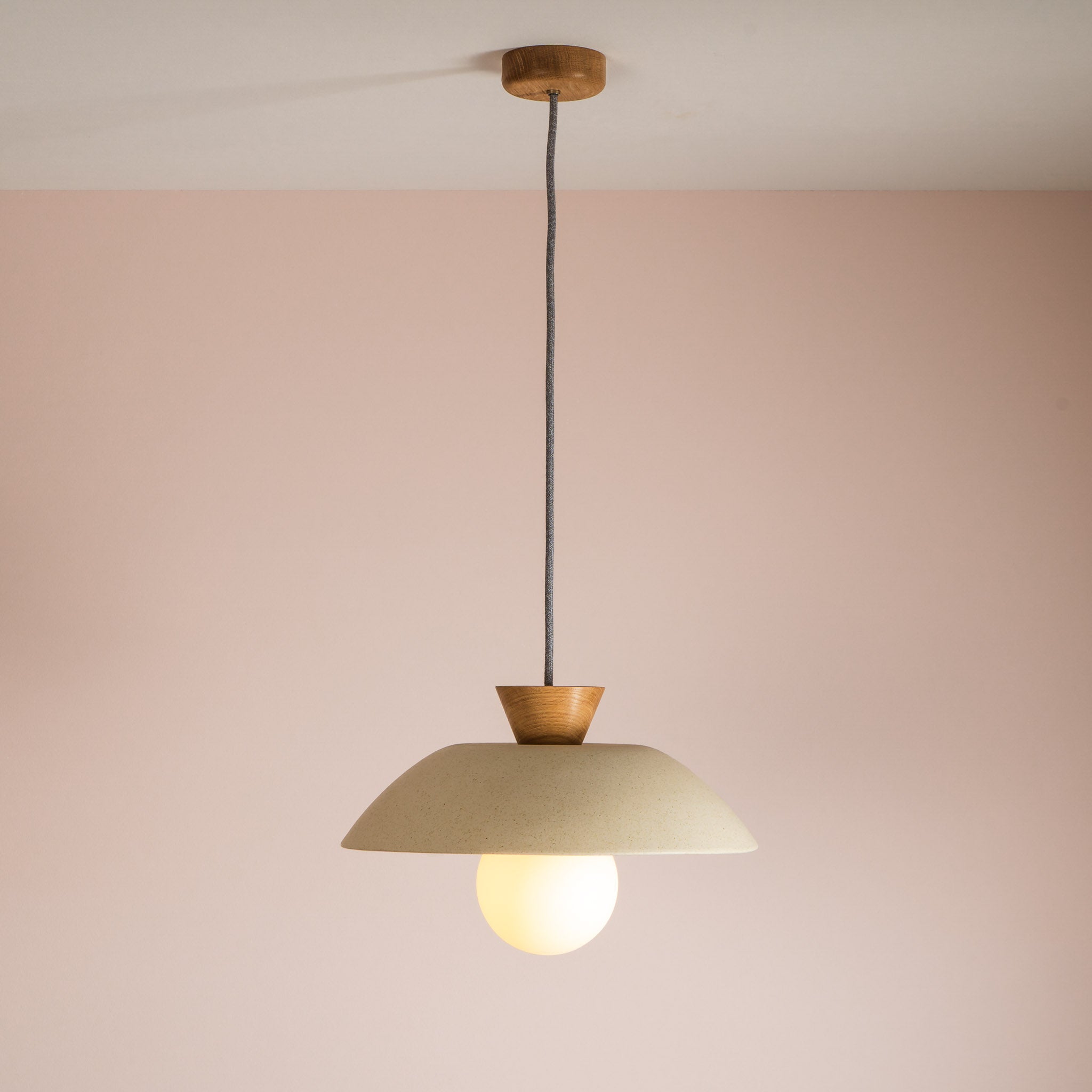 Speckled Cream Matt Dawn Pendant Light in Ceramic and Oak