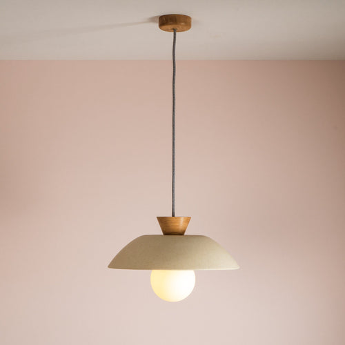 Speckled Cream Matt Dawn Pendant Light in Ceramic and Oak